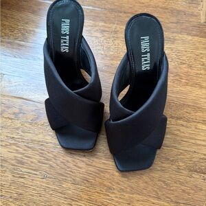 Paris Texas Black Satin Crossover Mule Heels